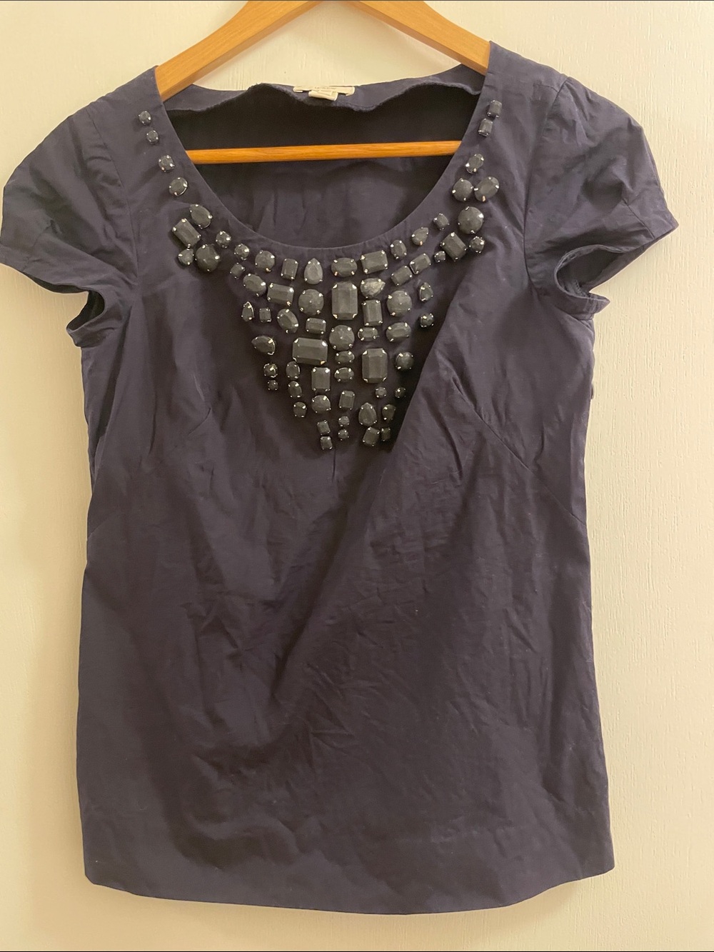 J. Crew Navy Short-Sleeve Top with Front Gem Embellishment
